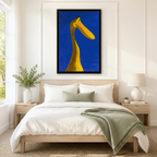 Black-framed modern expressionist canvas art, close-up curving golden duck neck on thick cobalt blue impasto oil background, staged in a light wood Scandinavian bedroom with white linen, sage throw and greenery decor
