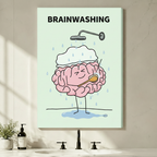 Gallery wrap stretched canvas of humorous brainwashing brain illustration hung frameless above a bathroom vanity with black faucet and soap dispenser