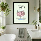 Black framed humorous brain washing art canvas hung in a bright white tile bathroom with freestanding bathtub, gold towel bar, hanging potted plants and double vanity