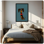 Framed teal dachshund cartoon canvas art hung above a wooden bed in a bright sunlit Scandinavian-style bedroom