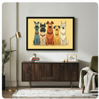Cartoon dog squad five breeds black framed canvas art in warm yellow above a dark walnut sideboard with stacked books and a succulent, beside a gold floor lamp and olive green armchair in a modern living room