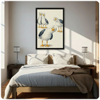 Cartoon seagull framed wall art above a modern bed with white linen bedding, dark wooden nightstands, white table lamps, and warm natural light from side windows