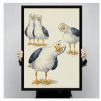 Humorous cartoon seagull framed canvas art held up against a light gray background, featuring four wide-eyed seagulls with yellow beaks in watercolor style