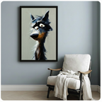 Quirky wolf face canvas art in black frame with expressive brown eyes, hung on blue-grey wall beside white linen armchair in cozy Scandinavian-style room