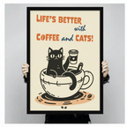 Hands holding a large black framed Life's Better with Coffee and Cats retro canvas art print against a neutral gray background, front-facing product size reference display