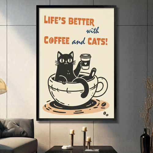 Black framed retro cat coffee canvas wall art with cream background and orange blue typography displayed in a modern dark gray living room with candlesticks and tall black vase