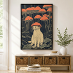 Framed cat with red mushroom hat woodblock print art displayed above a rattan console table in a bright entryway