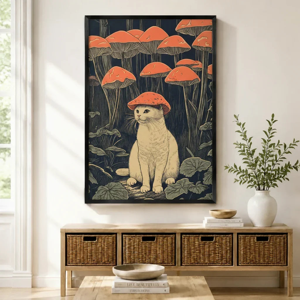Mushroom Hat Cat Japanese Woodblock Canvas Art
