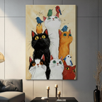 Canvas wrap funny cats and birds art print hung on grey panel wall in contemporary living room setting
