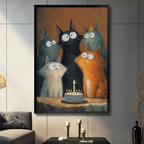 Black float-framed canvas cat party wall art – five whimsical cats gathered around birthday cake with candles – funny pet lover canvas print for contemporary living room decor
