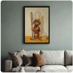 Chef dachshund canvas art print on blue-gray wall beside white Scandinavian armchair — cute dog wall decor