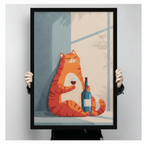 Hands holding large framed chubby orange cat with red wine canvas print - full artwork detail of minimalist flat illustration contented orange tabby cat with closed eyes holding wine glass beside tall blue bottle with soft window shadow on cream background