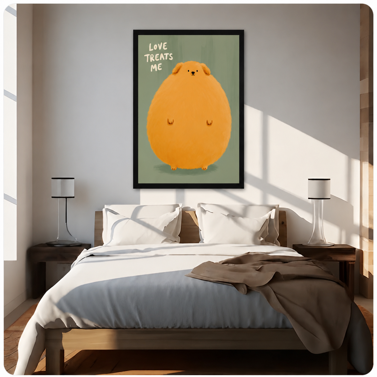 Black framed chubby Pomeranian canvas art with "Love Treats Me" quote hung above a neutral bed in a sunlit bedroom, adding a playful and cozy touch to the decor