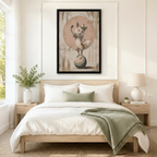 Black framed whimsical vintage circus fox balancing on a ball in a top hat and ruffled collar wall art above a light oak bed with white linen bedding, a sage green fringed throw blanket, wooden nightstands, and a white ceramic table lamp in a bright Scandinavian bedroom