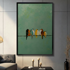 Minimalist oil painting wall art of five colorful birds perched on a wire against teal green background, displayed in black frame on dark gray wall in modern living room