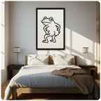 Minimalist frog line art  framed canvas in warm bedroom setting — quirky animal wall art with candle and table styling for cozy American home