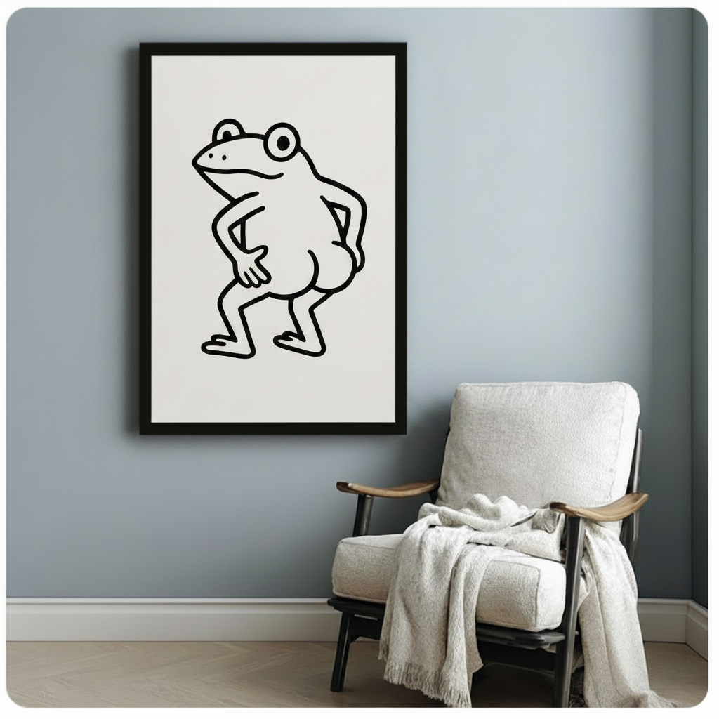  Funny frog canvas wall art in black frame hanging in contemporary American living room — bold minimalist line art beside floor lamp
