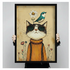 Close-up of black framed cool cat sunglasses and blue bird wall art print held by hands, showing detailed vintage folk illustration with wildflowers and aged texture