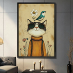Framed cool cat wearing sunglasses wall art print with blue bird and daisy on head, vintage folk illustration in mustard sweater, modern living room decor