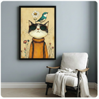 Black framed vintage cat with sunglasses and bird art print on blue-gray wall beside white armchair, whimsical boho cat illustration for home decor