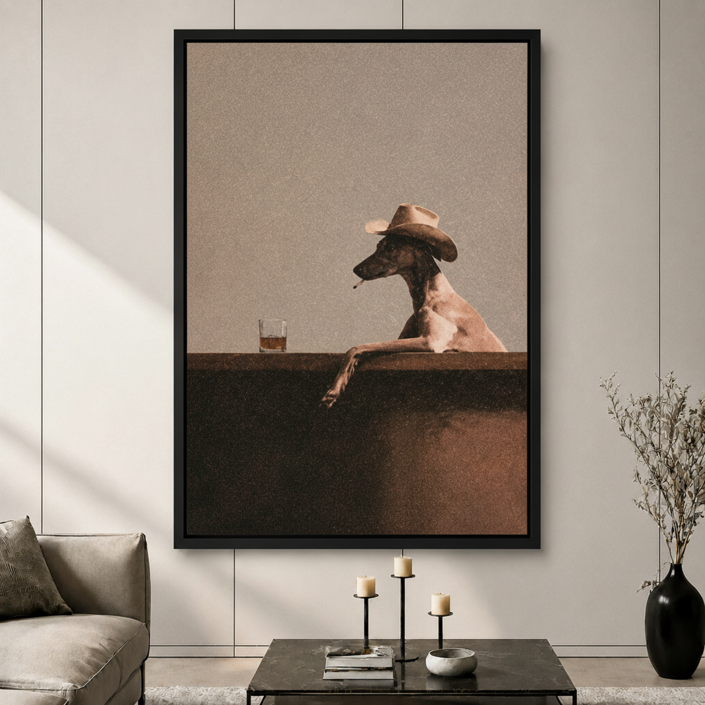 Black framed canvas wall art of a greyhound dog wearing a cowboy hat with a whiskey glass at a bar, displayed above a marble coffee table in a contemporary living room