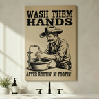 Frameless canvas print of a mustachioed cowboy scrubbing hands at a water basin with humorous western typography, displayed on a clean white bathroom wall