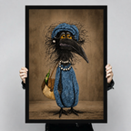 Person holding large framed canvas print of funny crow lady in blue beret showing actual print size and detail quality