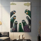 Stretched canvas wall art featuring a flock of seven curious wide-eyed pigeons gazing upward beneath whimsical yellow patterned clouds, hung in a contemporary living room with dark accent furniture