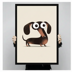 Person holding a large vertical black framed cute big-eyed cartoon dachshund canvas art print showing a lovable brown and black wiener dog with oversized round eyes, droopy ears, and a long body on a clean cream background in a light gray studio setting