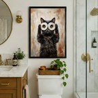 Black framed cute black cat peering through toilet paper rolls art print above toilet in luxury bathroom with gold fixtures