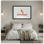 Framed cute hand-drawn watercolor illustration golden brown sausage dog in yellow-green tank top performing upward dog yoga stretch with elongated body flat on hot pink yoga mat head tilted upward with a tiny orange daisy flower on the left on clean white background canvas print above beige upholstered headboard bed with white linen duvet and caramel throw in minimalist bedroom with twin brass globe pendant lights and potted green plants on white nightstands - whimsical dachshund yoga pink mat wall art for 