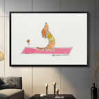 Framed cute hand-drawn watercolor illustration brown dachshund dog wearing olive green vest doing cobra yoga pose with long body stretched forward on bright pink yoga mat beside a small orange flower on white background canvas print on dark grey tile wall in modern living room with charcoal sofa and brass candlestick holders on coffee table - funny dachshund yoga pink mat wall art for contemporary home decor