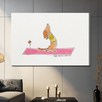 Unframed cute hand-drawn watercolor illustration golden brown sausage dog in yellow-green tank top performing upward dog yoga stretch with elongated body flat on hot pink yoga mat head tilted upward with a tiny orange daisy flower on the left on clean white background canvas print on dark grey tile wall in contemporary living room with charcoal sofa and tall pillar candles - whimsical dachshund yoga pink mat wall art for modern interior decor