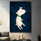 Framed cute cartoon illustration white dog with red nose and green collar floating with eyes closed on deep navy blue textured background canvas print on dark grey tile wall in modern living room - whimsical dreamy white puppy floating wall art with rich navy background for contemporary home decor