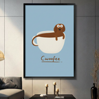 Framed Cwoofee dachshund in coffee cup wall art print displayed in modern dark interior living room