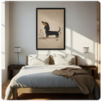 Canvas wall art size guide showing all 9 available sizes from 8x12 to 34x51 inches for retro dachshund print