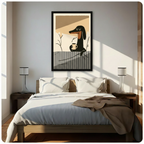 Whimsical dachshund coffee wall art in black frame hung above a bed in a bright minimalist bedroom with natural morning light