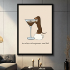 Dachshund espresso martini poster in black frame on dark grey wall, modern living room decor