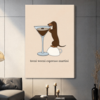 Dachshund espresso martini canvas wrap print on dark wall, frameless wall art for home decor