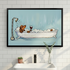Framed dachshund bubble bath print centered on white subway tile bathroom wall – humorous dog wall art above clawfoot tub
