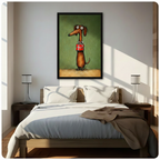 Framed brown dachshund standing upright holding red gift box impasto oil painting above wooden bed in sunlit bedroom – olive green textured long dog canvas wall art for bedroom decor