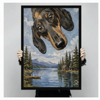 Hands holding large framed dachshund peeking over mountain lake cabin oil painting canvas — whimsical dog wall art size display