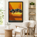 Black and tan dachshund oil painting framed canvas beside wooden armchair — cozy transitional home decor