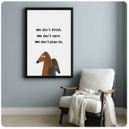 Funny dachshund framed art print beside armchair – grumpy sausage dog quote wall decor – minimalist pet lover gift idea for reading nook or hallway
