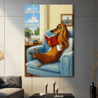 Dachshund reading book with coffee canvas wrap on grey wall above grey sofa, frameless sausage dog wall art