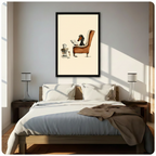 Framed whimsical canvas of a dachshund reading a newspaper in a brown armchair with stacked books and a mug, displayed above a wooden bed in a sunlit minimalist bedroom