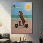 	Unframed canvas dachshund riding scooter on sandy beach, whimsical summer dog wall art with teal and warm tones