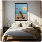 Dachshund beach scooter framed wall art hanging above bed in bright sunlit modern bedroom with twin lamps