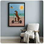 Framed dachshund riding scooter on sunny beach wall art, displayed on grey-blue wall above white accent chair