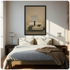 Framed dachshund watching snowfall through window oil painting above wooden bed in sunlit modern bedroom – quiet winter dog canvas wall art for bedroom decor